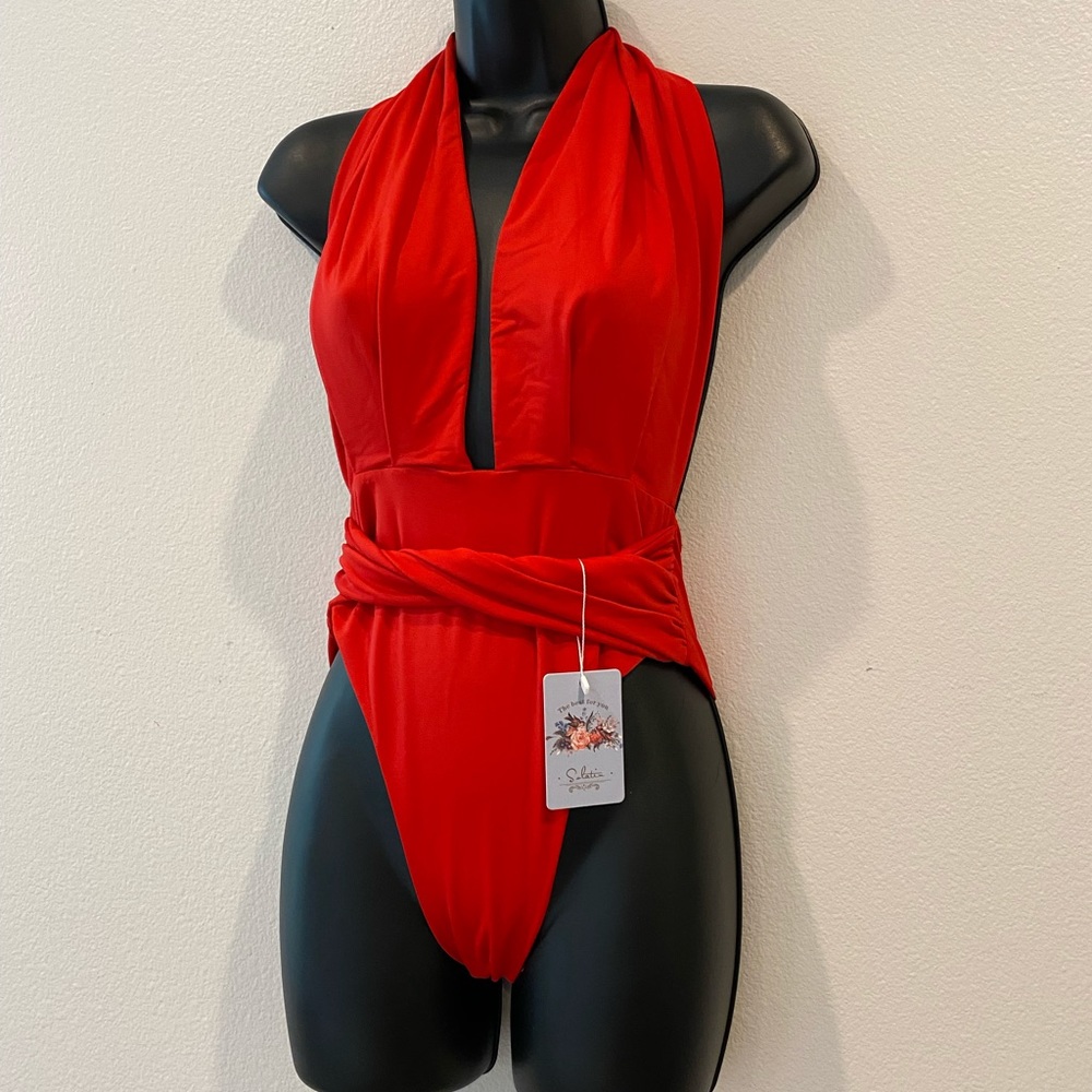 Red once piece halter swimsuit